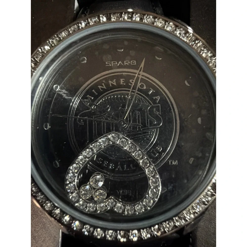 Sparo Minnesota Twins MLB Watch Rhinestone Bezel Floating Heart Black Strap